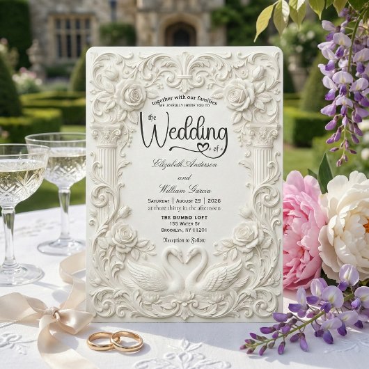Elegant Cream Faux Sculpted Swans Wedding   招待状