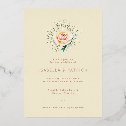 Elegant Cream Floral Wreath 箔招待状 (正面)