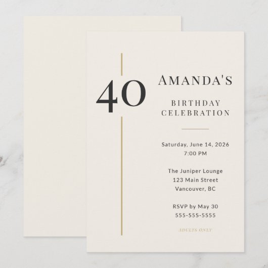 Elegant Cream & Gold 40th Birthday 招待状 (正面/裏面)