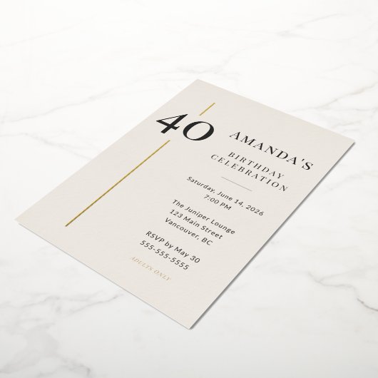 Elegant Cream & Gold 40th Birthday Celebration 箔招待状 (回転した状態)