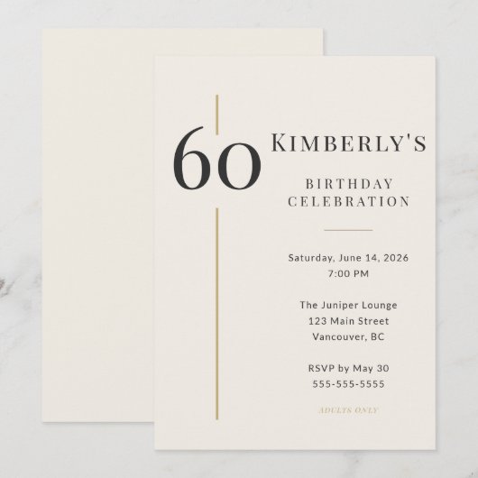 Elegant Cream & Gold 60th Birthday 招待状 (正面/裏面)
