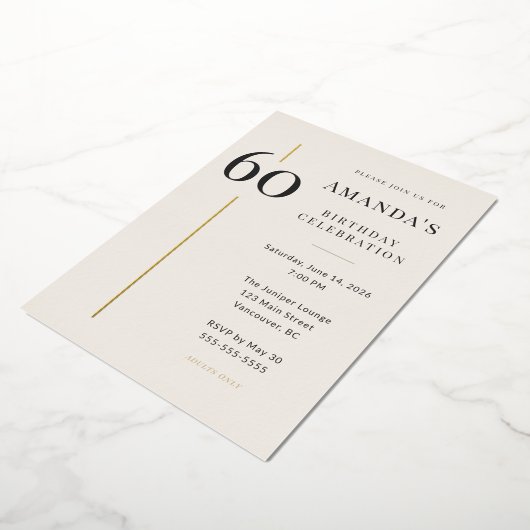 Elegant Cream & Gold 60th Birthday Celebration 箔招待状 (回転した状態)
