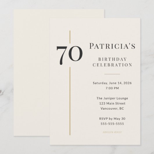 Elegant Cream & Gold 70th Birthday 招待状 (正面/裏面)