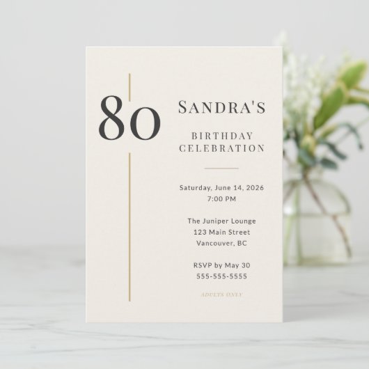 Elegant Cream & Gold 80th Birthday 招待状 (スタンド正面)