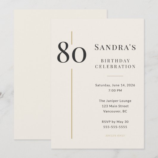 Elegant Cream & Gold 80th Birthday 招待状 (正面/裏面)