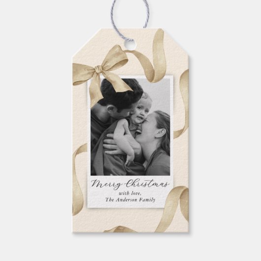 Elegant Cream Gold Bow Photo Holiday ギフトタグ (正面)