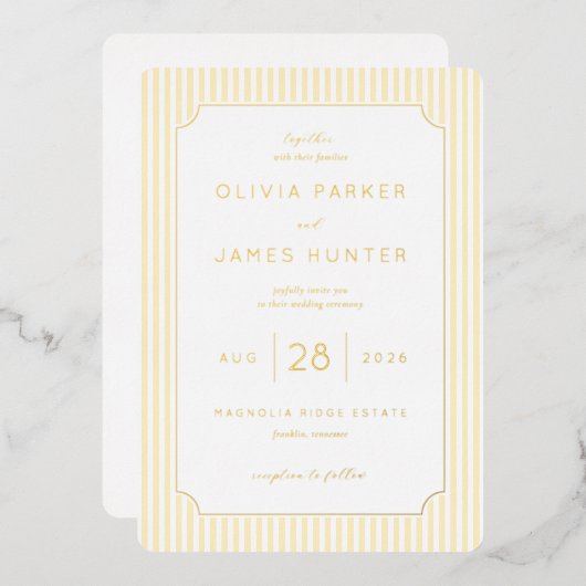 Elegant Cream Gold Stripes 箔招待状 (正面/裏面)