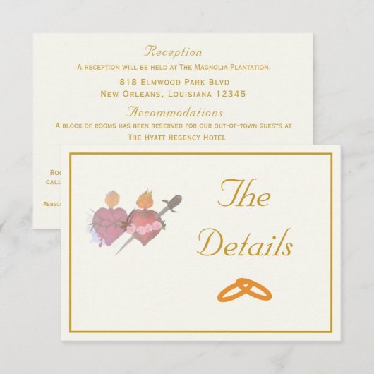 Elegant Cream & Ochre Two Hearts Catholic Wedding  エンクロージャーカード (正面/裏面)