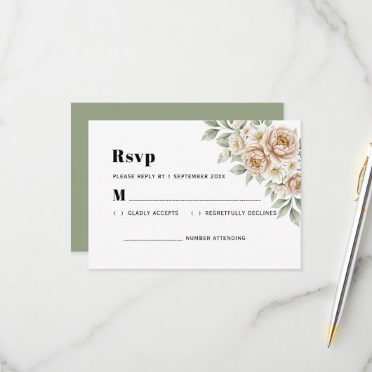 Elegant Cream Peony and White Rose Wedding 出欠カード (正面/裏面インサイチュ)