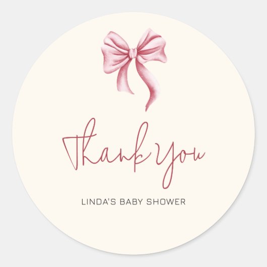 Elegant Cream Pink Girl Bow Baby Shower Thank You ラウンドシール (正面)