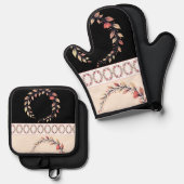 Elegant cream rose clay and black 鍋つかみ&鍋敷きセット (正面/裏面)