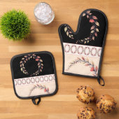 Elegant cream rose clay and black 鍋つかみ&鍋敷きセット (トップダウン)