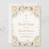 Elegant Cream Rose Floral Cross Baptism 招待状 (正面)