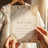 Elegant Cream Rose Floral Cross Baptism 招待状