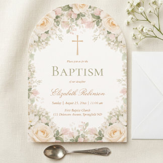 Elegant Cream Rose Floral Cross Baptism 招待状