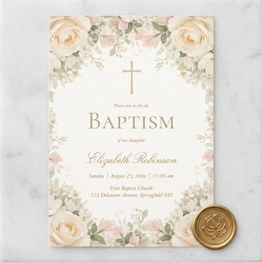 Elegant Cream Rose Floral Cross Baptism 招待状