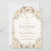 Elegant Cream Rose Floral Cross Baptism 招待状 (正面)