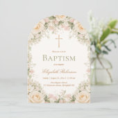 Elegant Cream Rose Floral Cross Baptism 招待状 (スタンド正面)