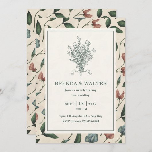 Elegant Cream Rustic Wildflower Sketch Wedding  招待状 (正面/裏面)
