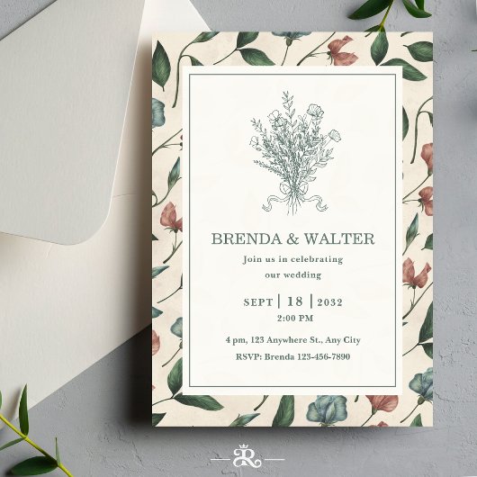Elegant Cream Rustic Wildflower Sketch Wedding  招待状