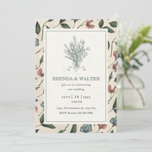 Elegant Cream Rustic Wildflower Sketch Wedding  招待状 (スタンド正面)