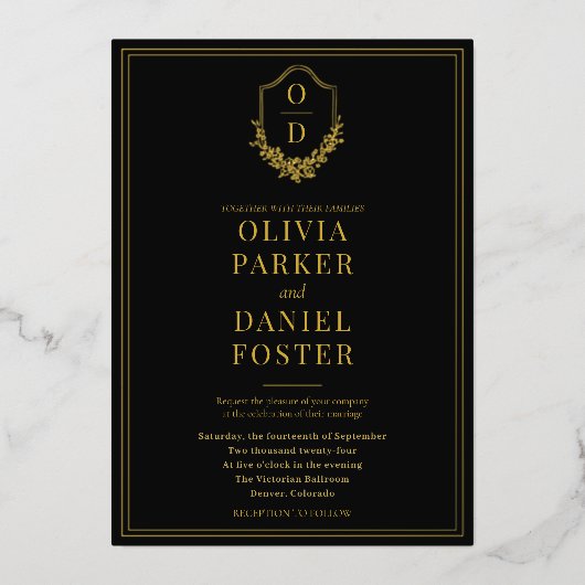Elegant Crest Black Gold Minimalist Wedding 箔招待状 (正面)