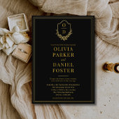 Elegant Crest Black Gold Minimalist Wedding 箔招待状