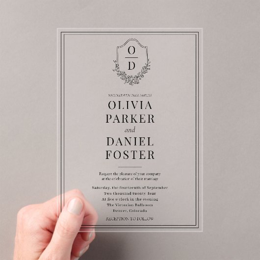 Elegant Crest Black & White Modern Wedding アクリル招待状 (インサイチュ (ポータブル))