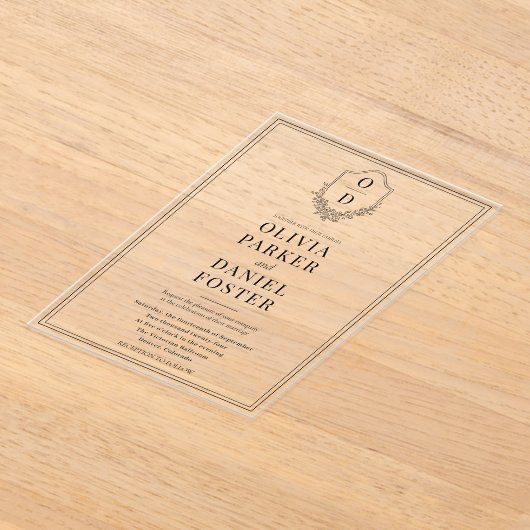 Elegant Crest Black & White Modern Wedding アクリル招待状 (レイダウン)