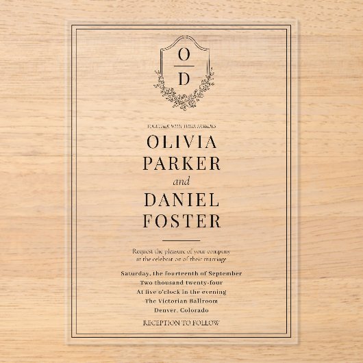 Elegant Crest Black & White Modern Wedding アクリル招待状 (正面)