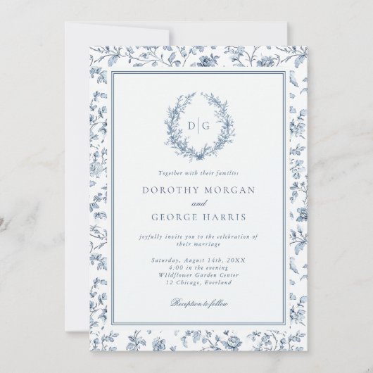 Elegant Crest Blue Chinoiserie Wedding 招待状 (正面)