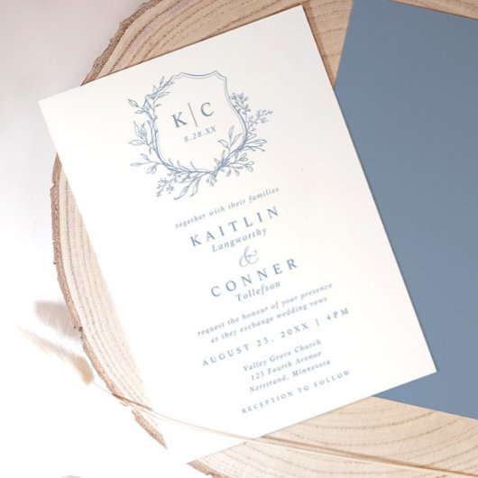 Elegant Crest Dusty Blue Classic Formal Wedding 招待状
