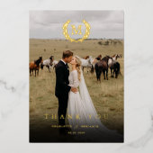 Elegant Crest Monogram 1 Photo Thank You Wedding  箔招待状 (正面)