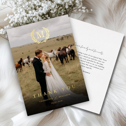 Elegant Crest Monogram 1 Photo Thank You Wedding  箔招待状
