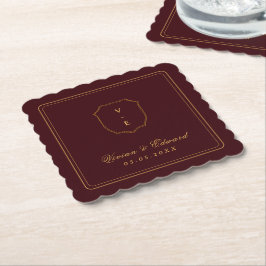 Elegant Crest Monogram Burgundy and Gold Wedding ペーパーコースター