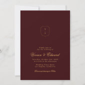 Elegant Crest Monogram Burgundy and Gold Wedding 招待状 (正面)