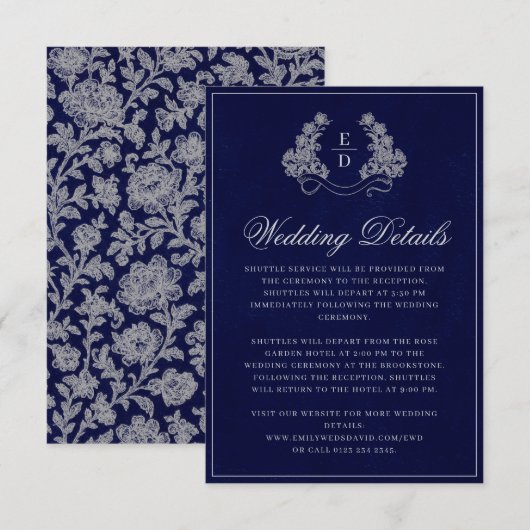 Elegant Crest Monogram Navy Heritage Wedding エンクロージャーカード (正面/裏面)