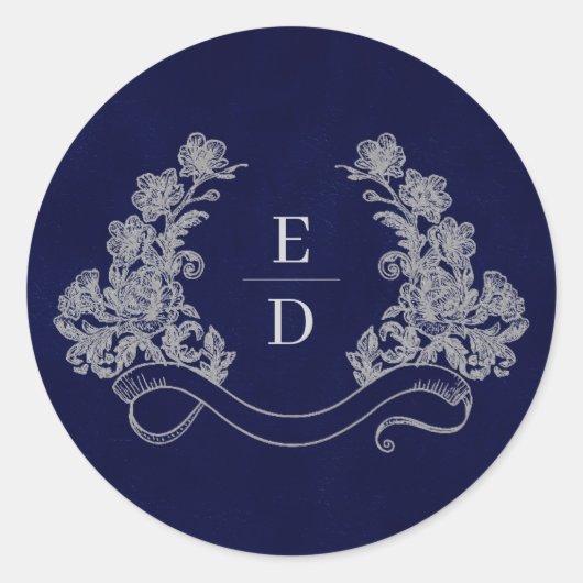 Elegant Crest Monogram Navy Heritage Wedding ラウンドシール (正面)