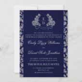 Elegant Crest Monogram Navy Heritage Wedding 招待状 (正面)