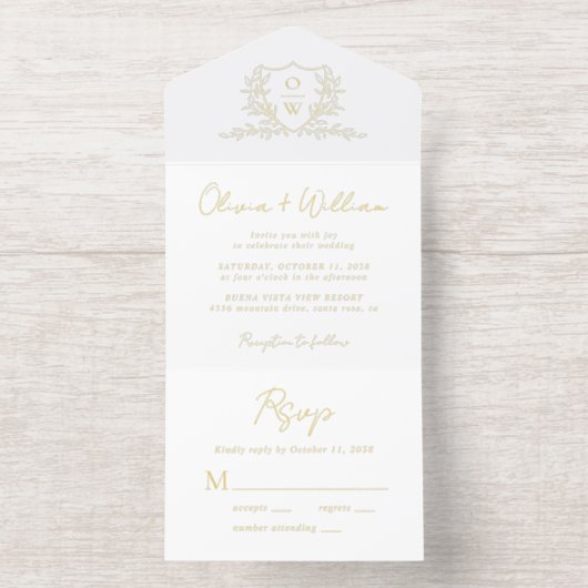 Elegant Crest Monogram Script Wedding オールインワン招待状 (内側)