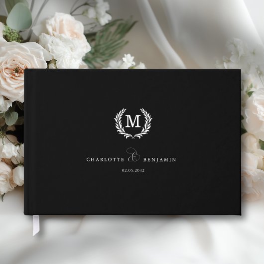Elegant Crest Monogram Wedding Black ゲストブック