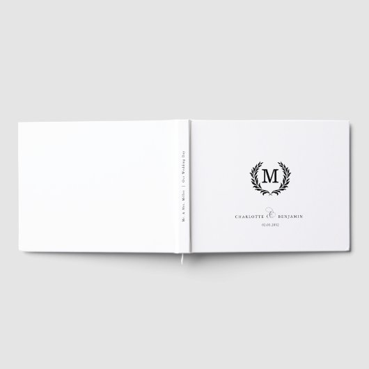 Elegant Crest Monogram Wedding White ゲストブック (全面)