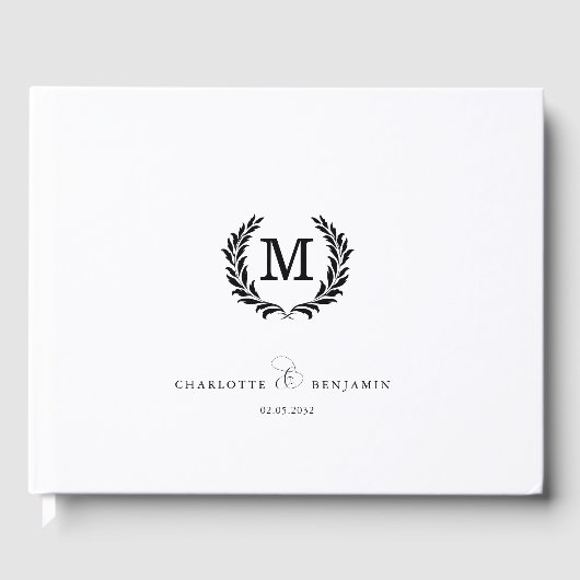 Elegant Crest Monogram Wedding White ゲストブック (正面)