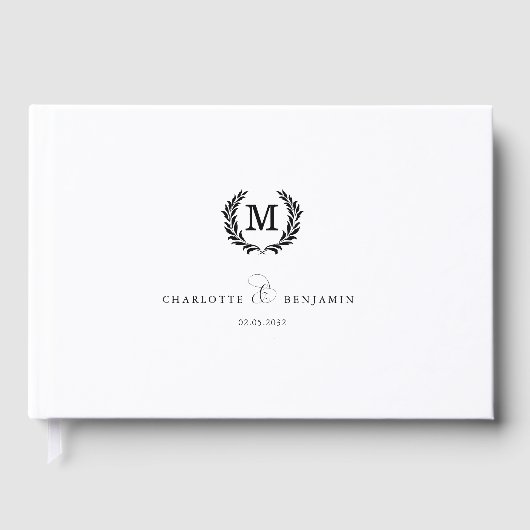 Elegant Crest Monogram Wedding White ゲストブック (正面)