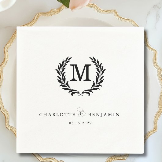 Elegant Crest Monogram White Wedding スタンダードカクテルナプキン