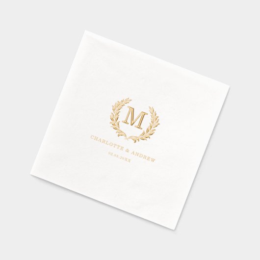 Elegant Crest Monogram White Wedding  箔ナプキン (左)