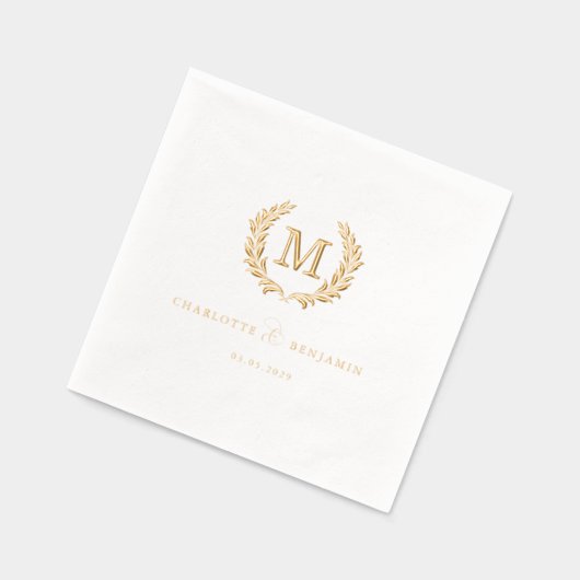 Elegant Crest Monogram White Wedding  箔ナプキン (左)