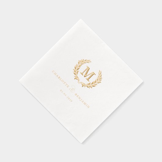 Elegant Crest Monogram White Wedding  箔ナプキン (右)