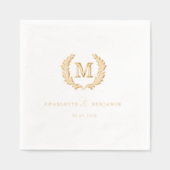 Elegant Crest Monogram White Wedding 箔ナプキン (正面)