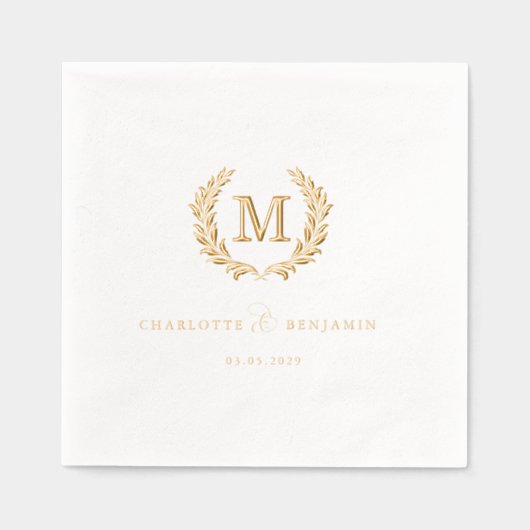 Elegant Crest Monogram White Wedding  箔ナプキン (正面)